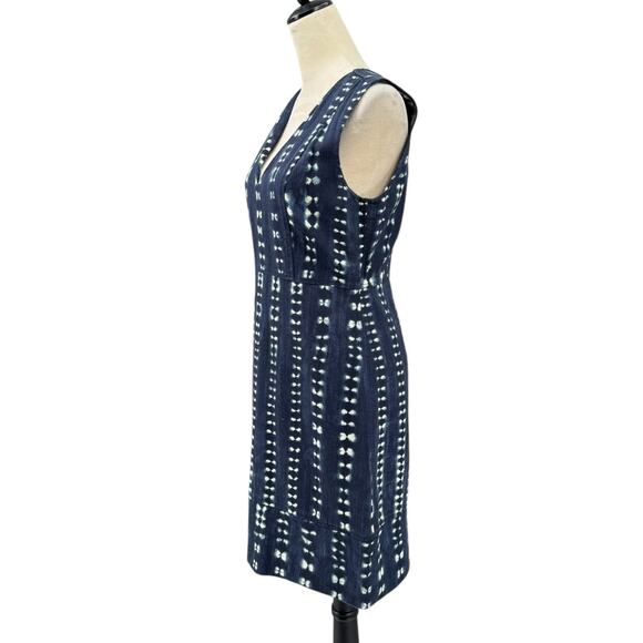 J. Crew Navy Blue Tie Dye Print Woven Canvas 100% Cotton V-neck Sheath Dress - Picture 3 of 12